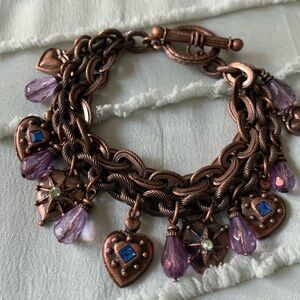 Beautiful Cluster Charm Copper Tone Bracelet with Purple Heart Accents 7”
